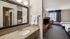 Habitación de hotel con un espejo grande, un lavamanos, una cama, un televisor y un escritorio.