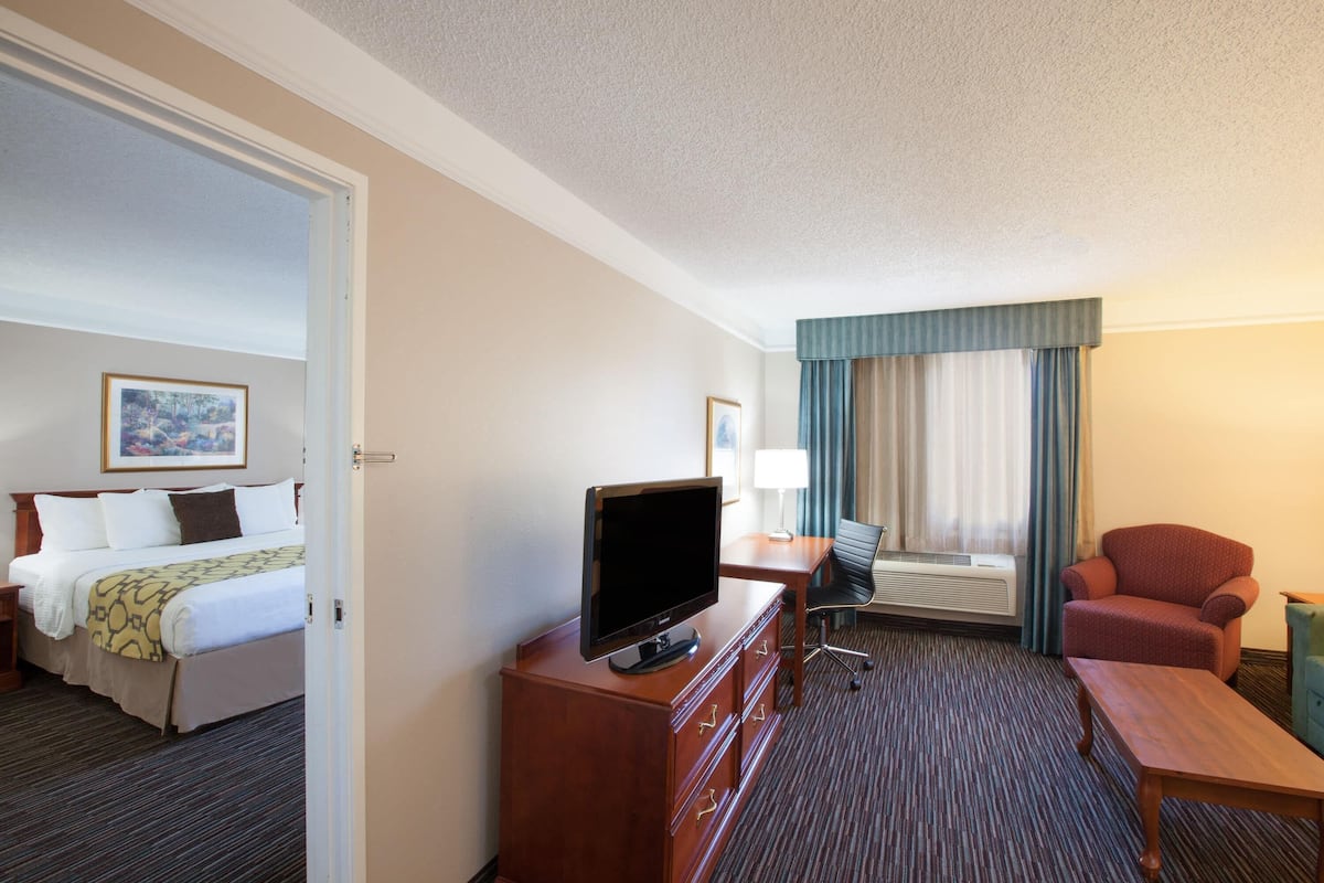 Habitación de hotel con cama, televisor en una cómoda de madera, escritorio con silla y ventana con cortinas.