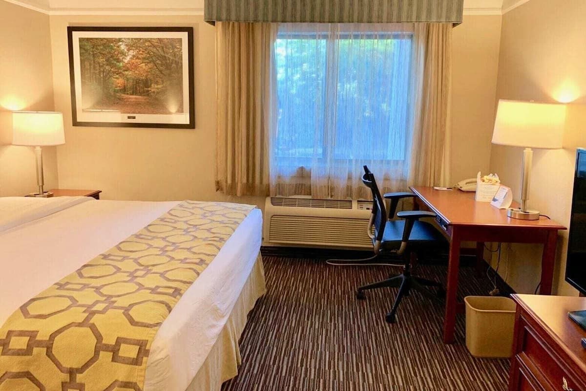 Una habitación de hotel con cama, escritorio, silla, aire acondicionado y televisor.