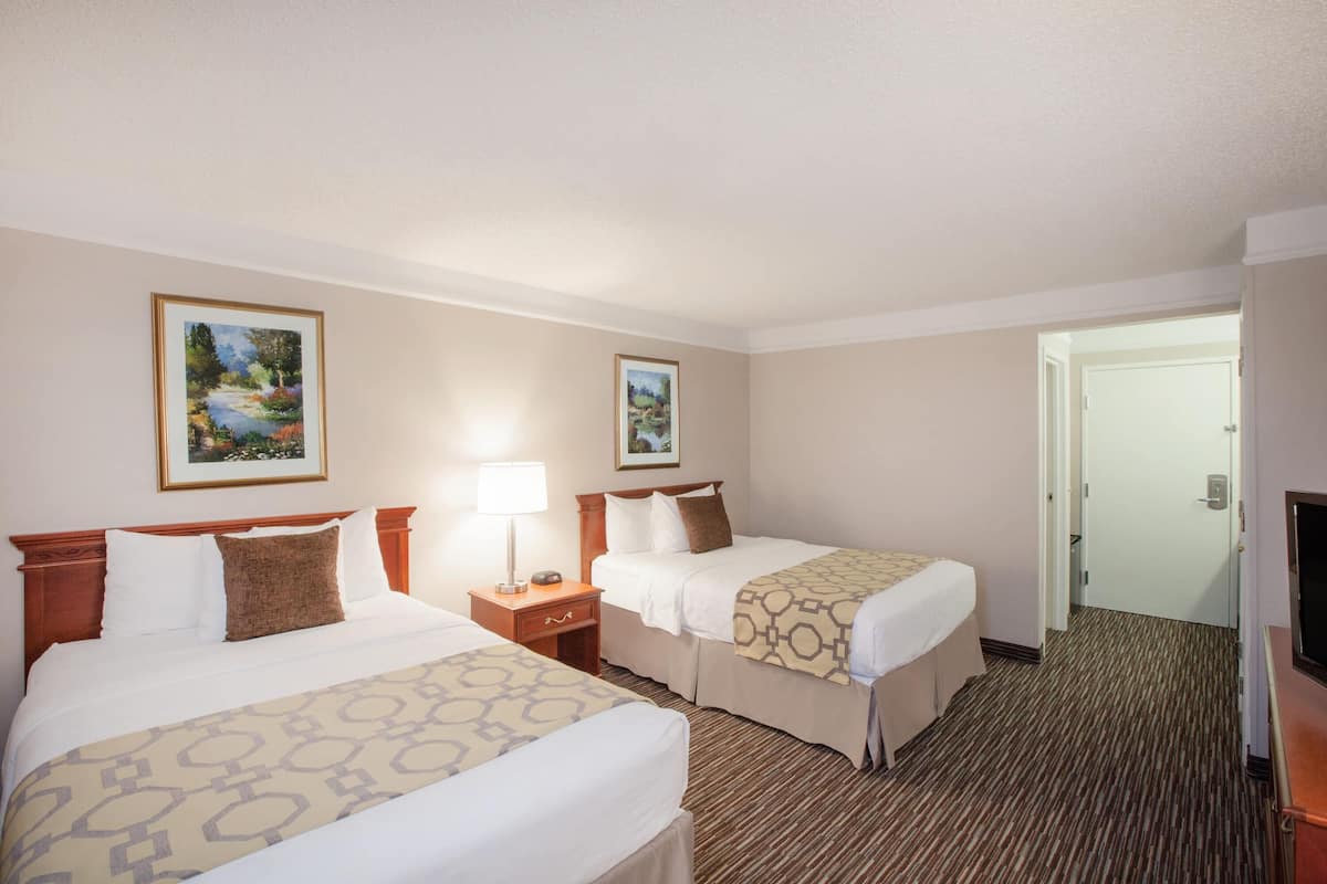 Habitación de hotel con dos camas, una mesita de noche con lámpara, televisión y dos cuadros en la pared.