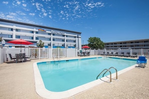 Seasonal outdoor pool, open 10 AM to 10 PM, sun loungers