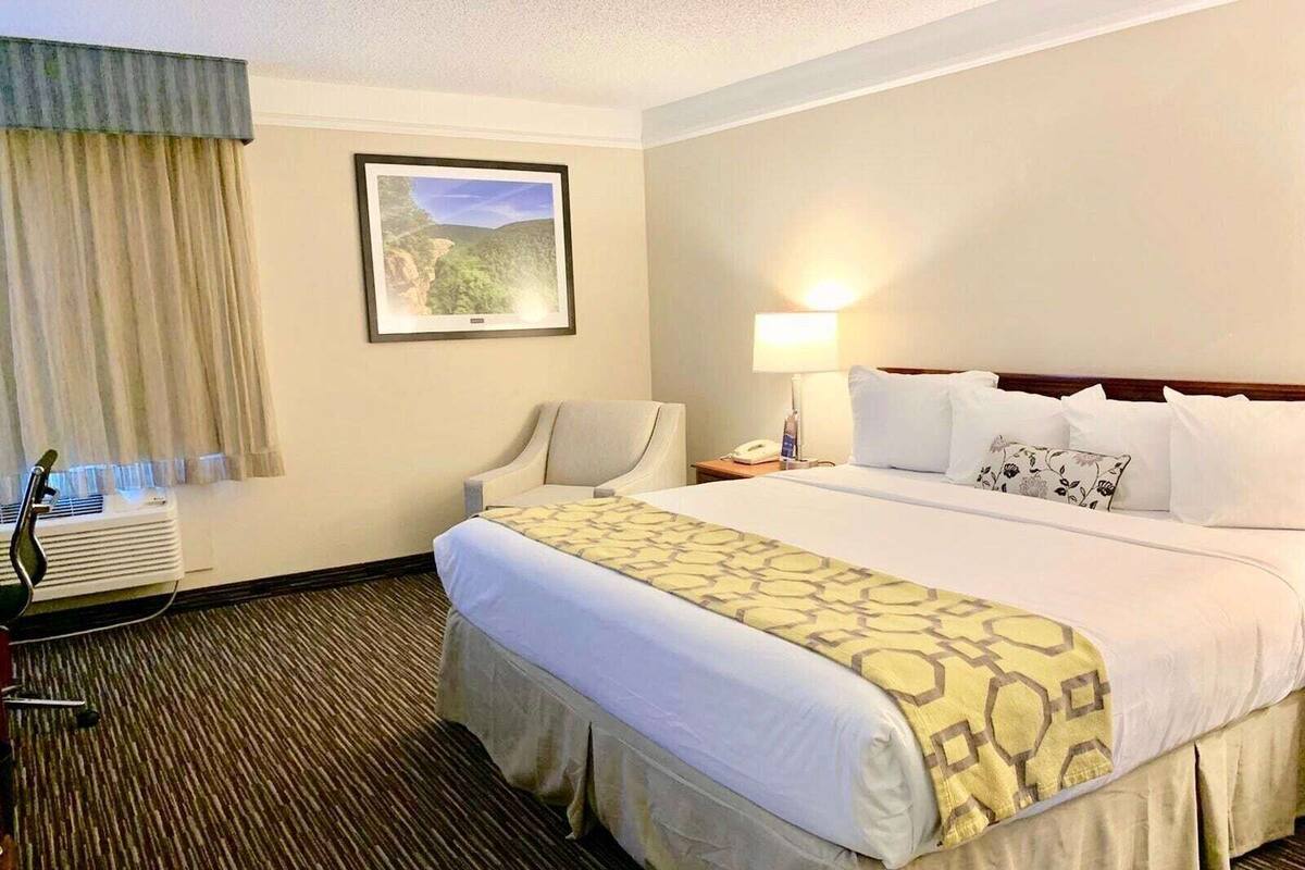 Habitación de hotel con una cama grande, un escritorio, una silla, una lámpara, un cuadro en la pared y una ventana con cortinas.
