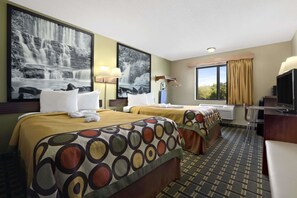 A hotel room with two beds, a desk, a TV, and large windows with curtains. - Super 8 by Wyndham Russellville (Russellville)