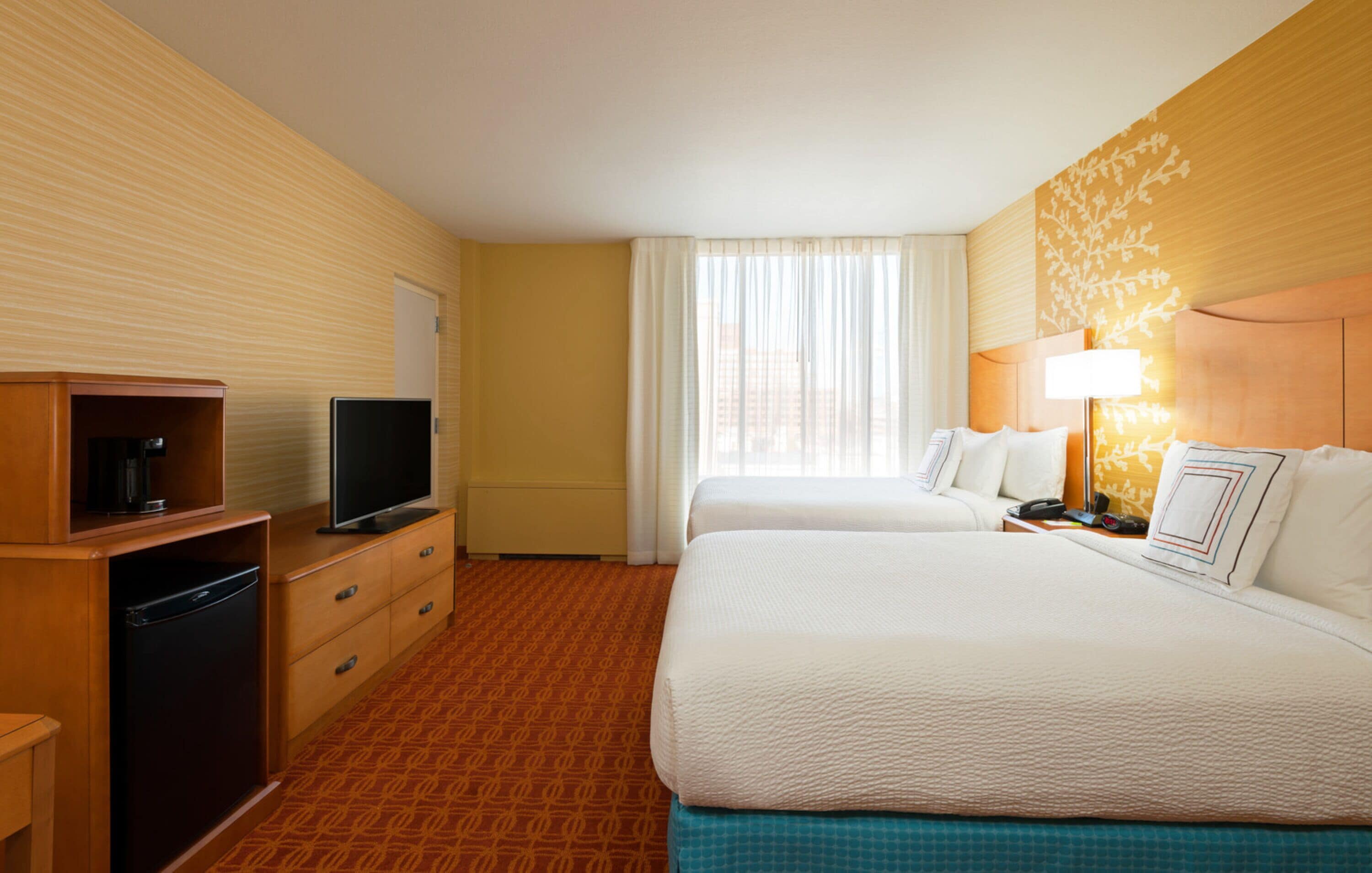 premium bedding, desk, blackout curtains, iron/ironing board