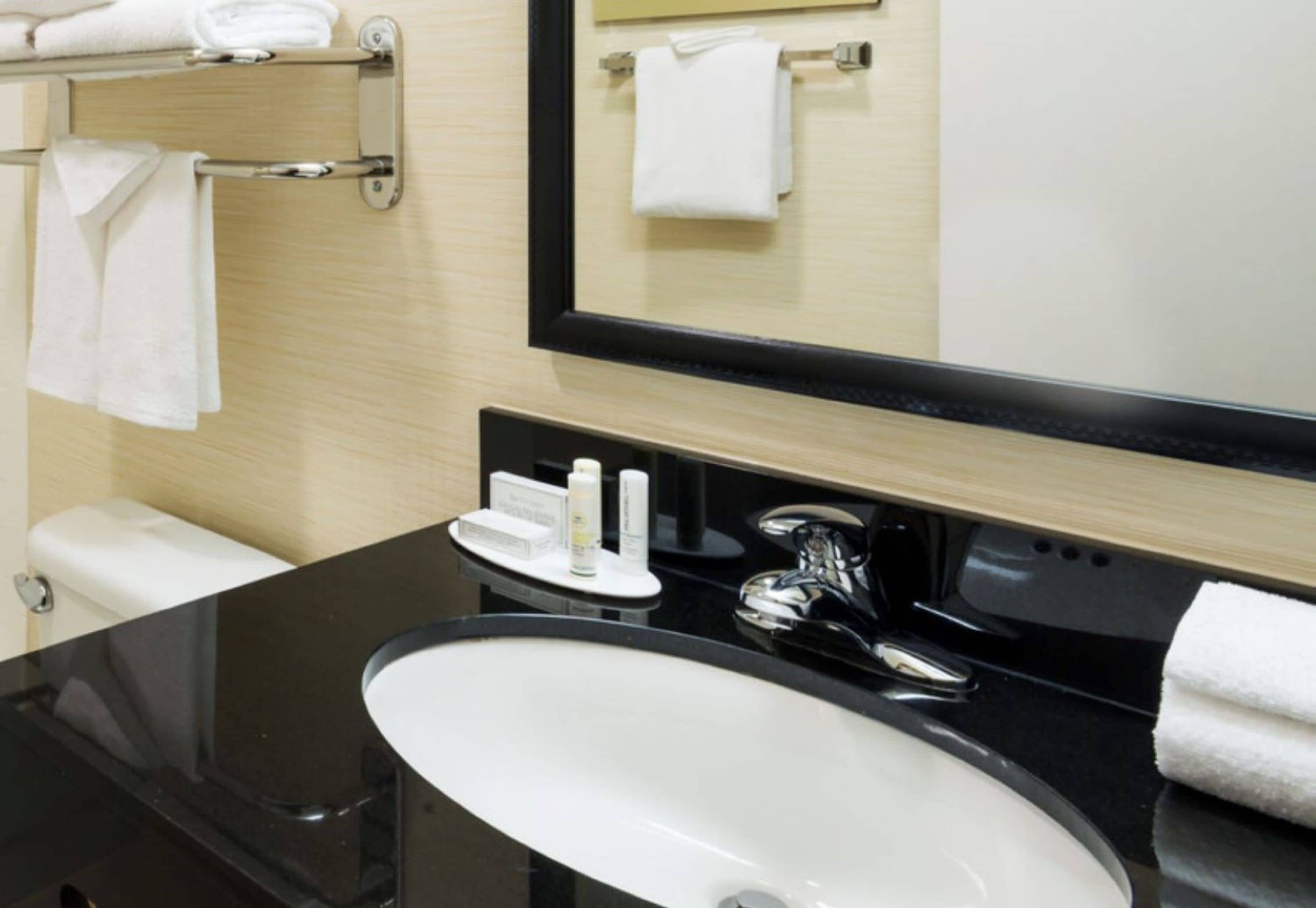 combined shower/bathtub, free toiletries, hair dryer, towels