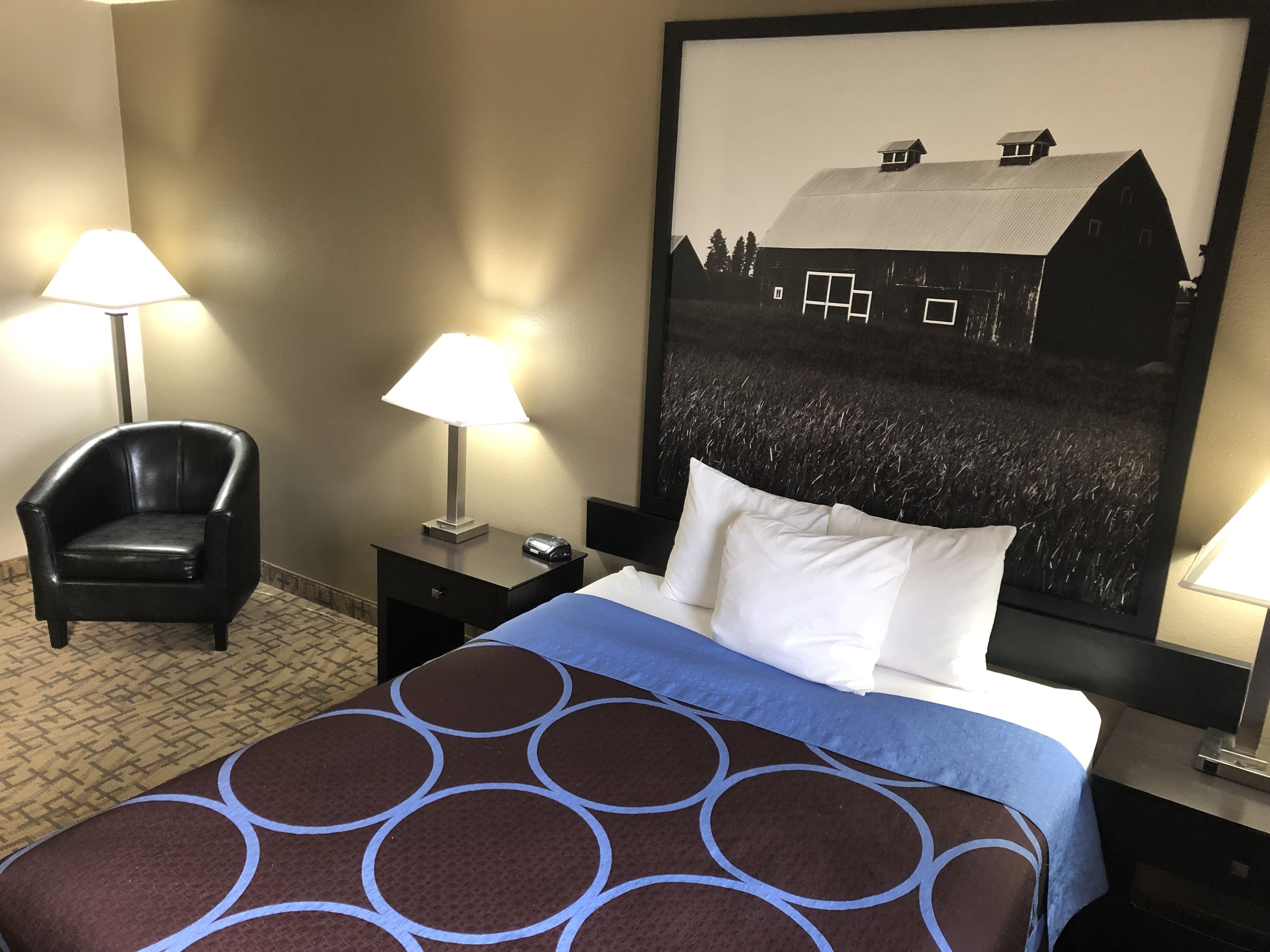 A hotel room with a bed, two nightstands, a chair, and a large framed picture on the wall.