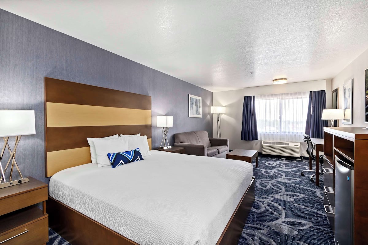 A hotel room with a large bed, bedside tables, a desk, a chair, a desk lamp, a standing lamp, a mirror, and a window with curtains.
