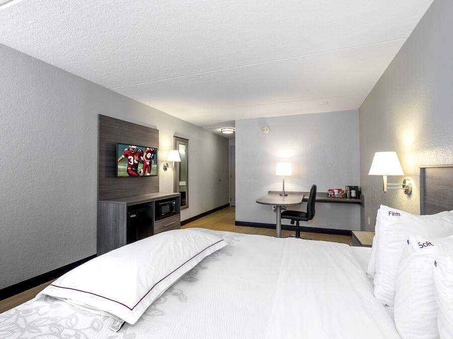 Habitación de hotel con cama, escritorio, silla, televisor y microondas.