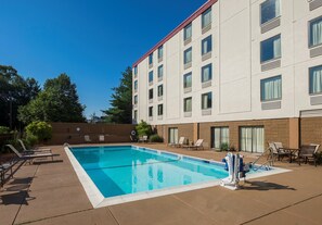 Seasonal outdoor pool, pool umbrellas, pool loungers