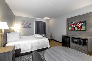 Una habitación de hotel con una cama, televisión, escritorio y una silla.