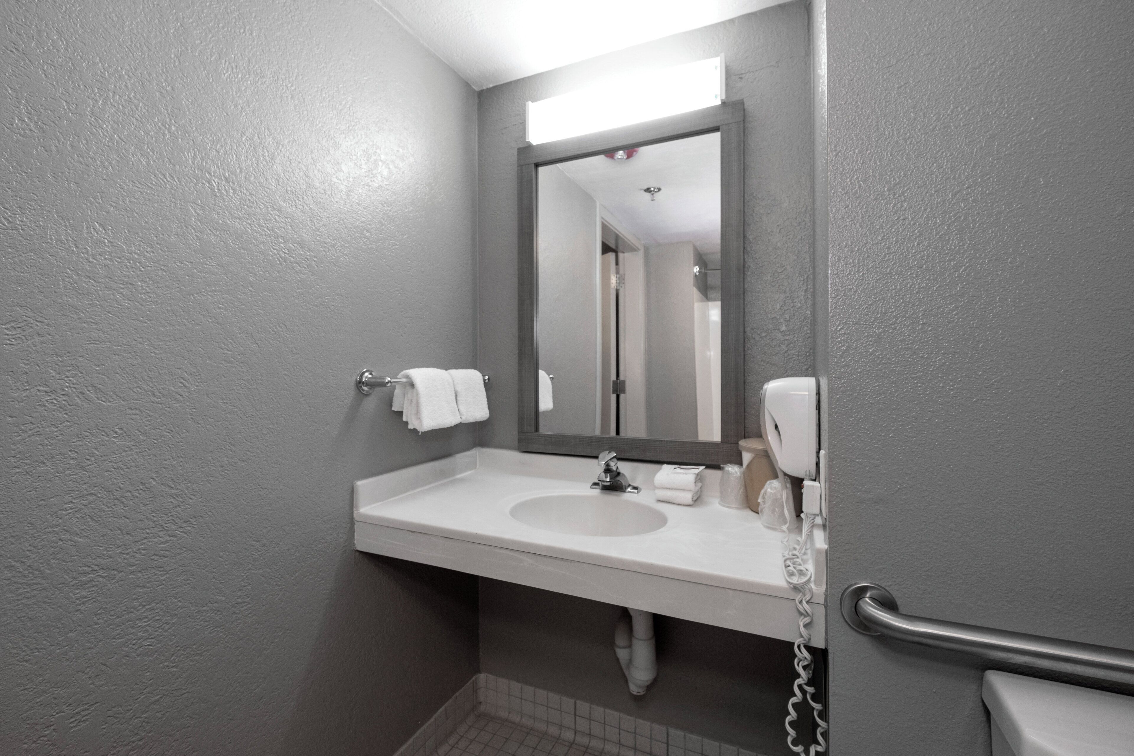 A bathroom with a white sink, a mirror, a towel rack, and a hairdryer.