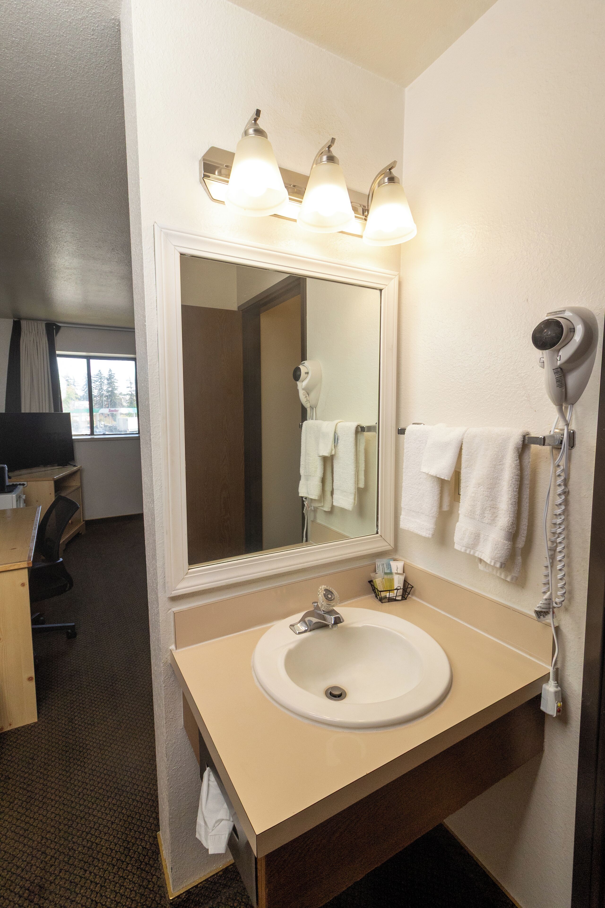 A hotel bathroom with a sink, mirror, towel rack, and hair dryer.