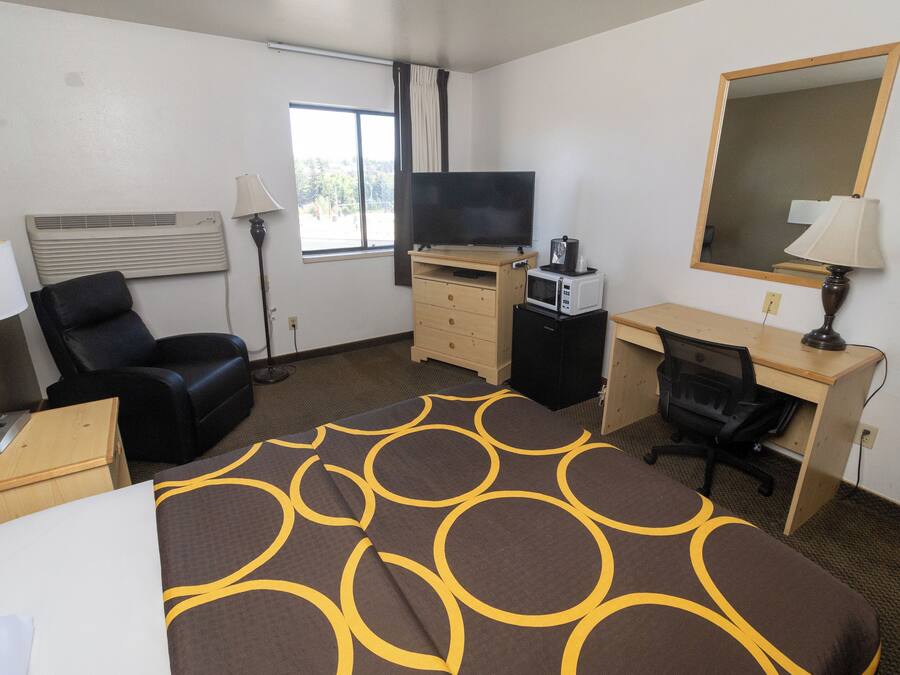 A hotel room with a bed, a desk, a chair, a TV, a microwave, and a mirror.