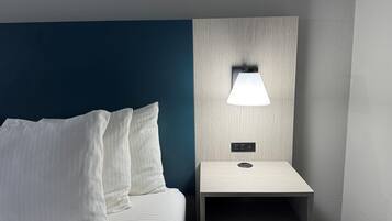 Premium bedding, pillowtop beds, desk, laptop workspace