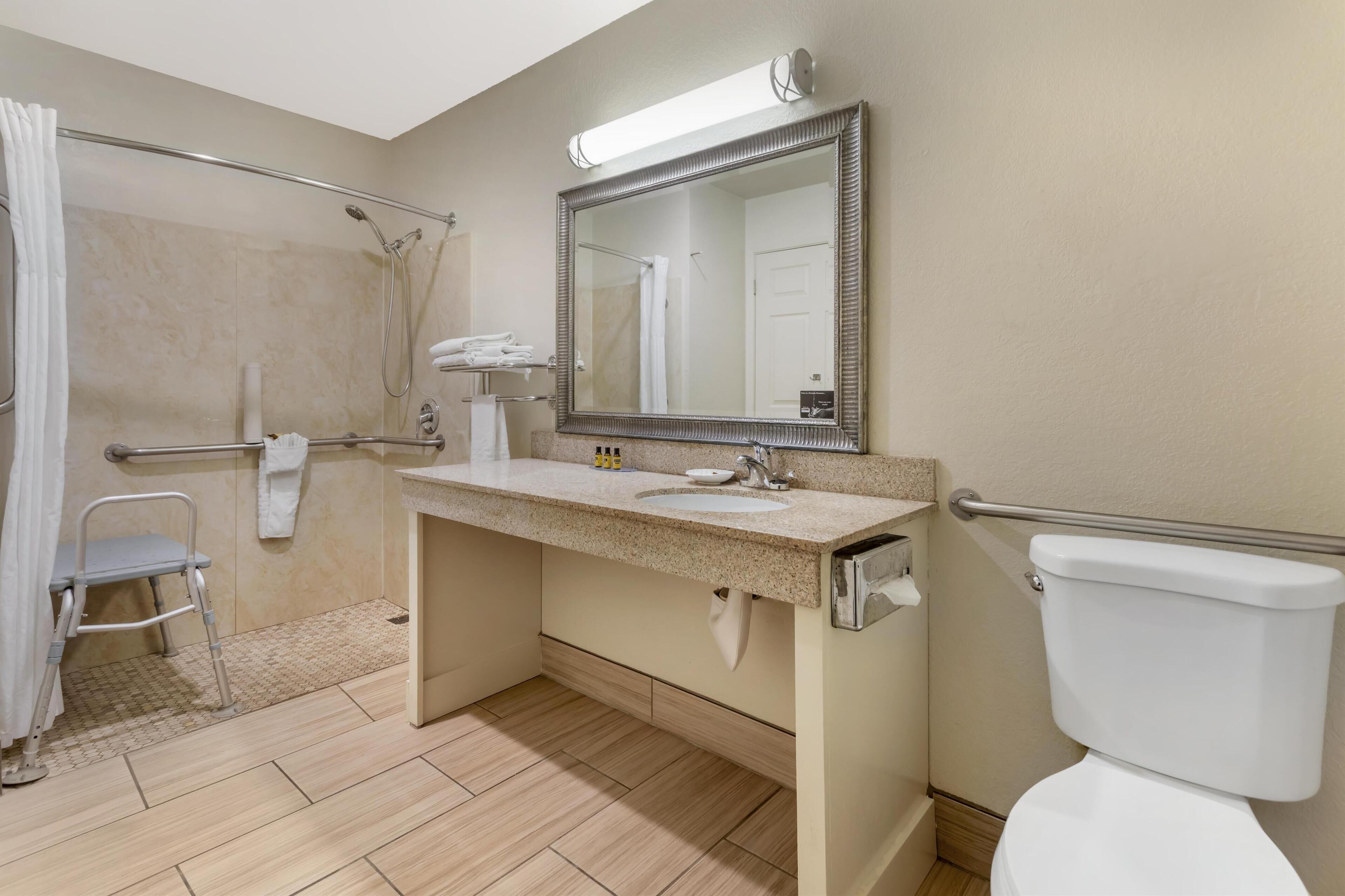 A bathroom with a shower, toilet, sink, and a mirror.