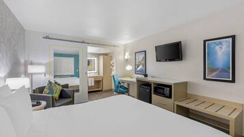 Desk, laptop workspace, blackout curtains, free WiFi