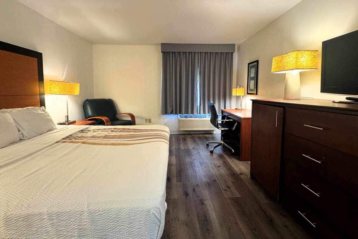 A hotel room with a bed, a desk, a chair, a television, and a window with curtains.
