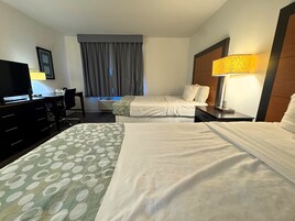Habitación de hotel con dos camas, un escritorio, una silla, un televisor y una ventana con cortinas.