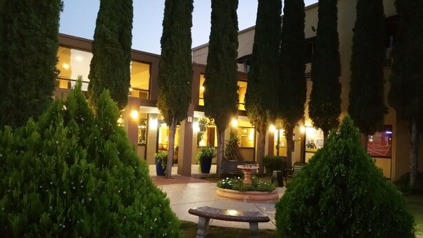 A courtyard with tall cypress trees, a bench, and a building with illuminated windows. - Mariposa Hotel (Nogales)