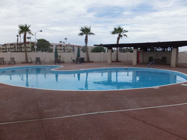 Piscina con sillas de descanso y sombrillas, rodeada de palmeras y una zona cubierta con asientos.