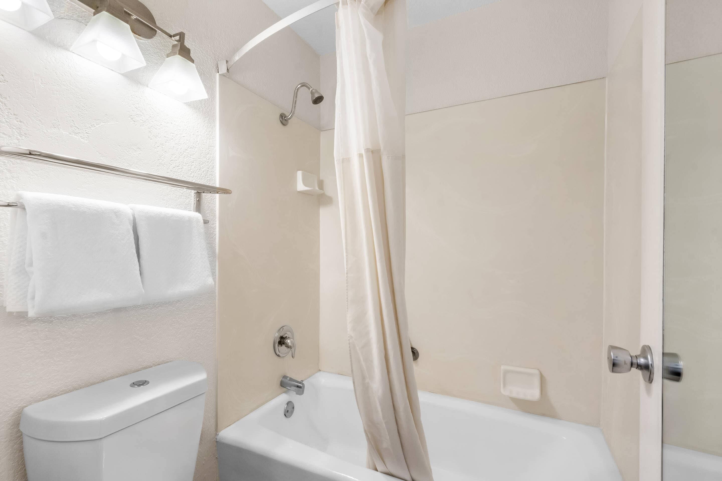 A bathroom with a bathtub, a toilet, and a shower curtain.