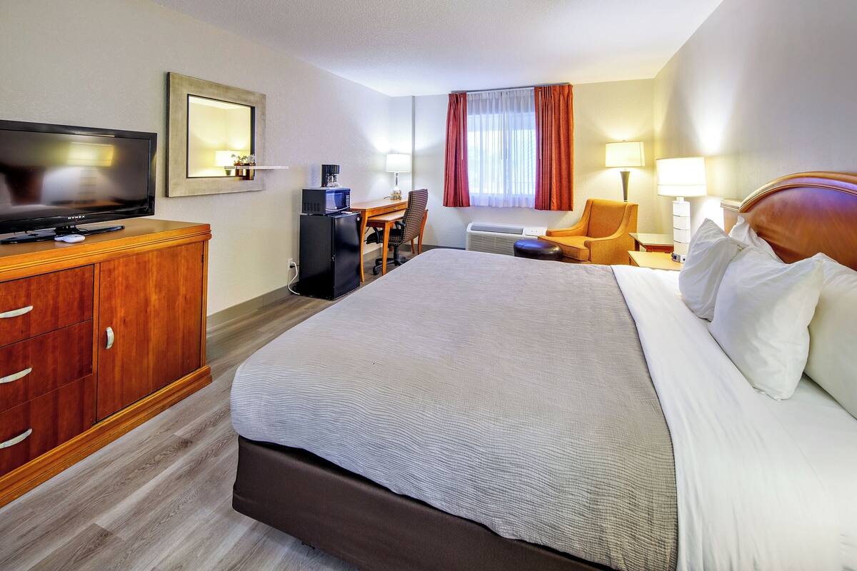 A hotel room with a large bed, a TV, a desk with a chair, a desk lamp, and a window with curtains.