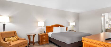 A hotel room with a bed, a chair, a nightstand, and a desk.