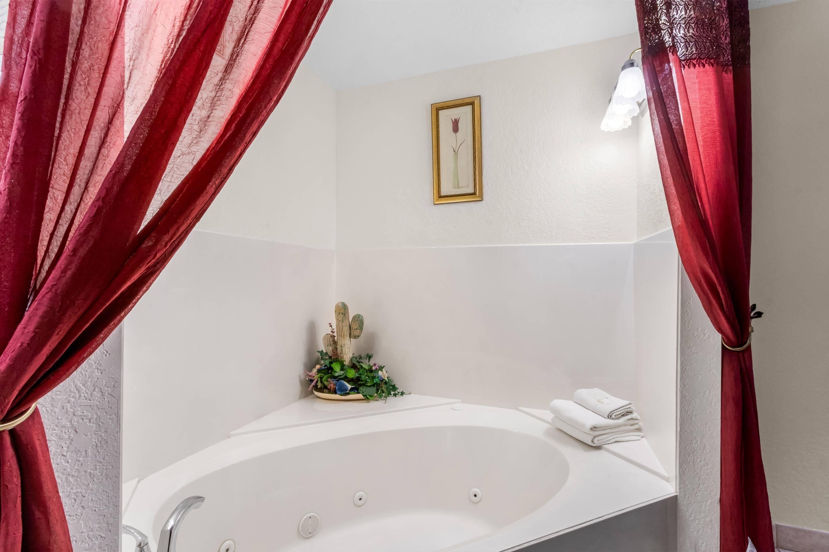 A bathroom with a white bathtub, a small cactus decoration, and a framed picture on the wall.
