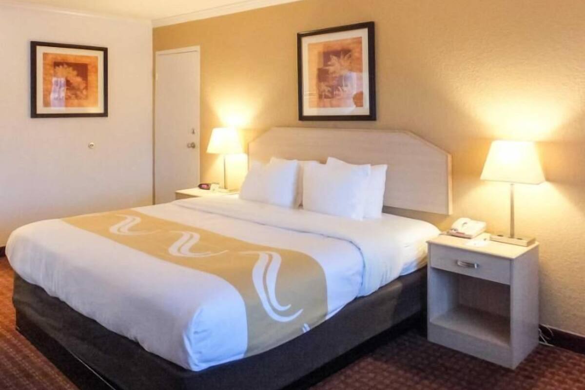 A hotel room with a bed, two bedside tables, a nightstand, and two wall-mounted lamps.