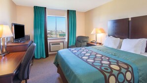 A hotel room with a bed, desk, chair, television, and a view of the city.