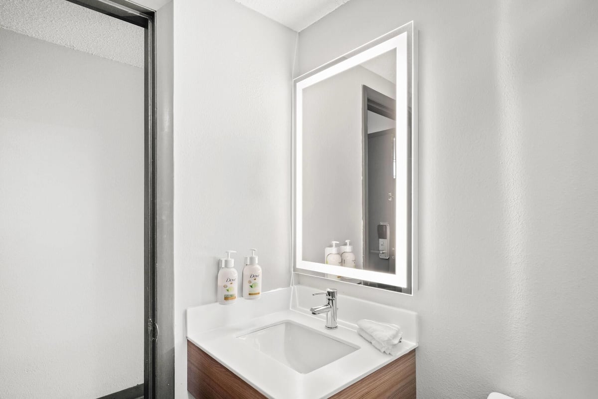 A modern bathroom with a white sink, a mirror, and two bottles of Dove soap on the vanity.
