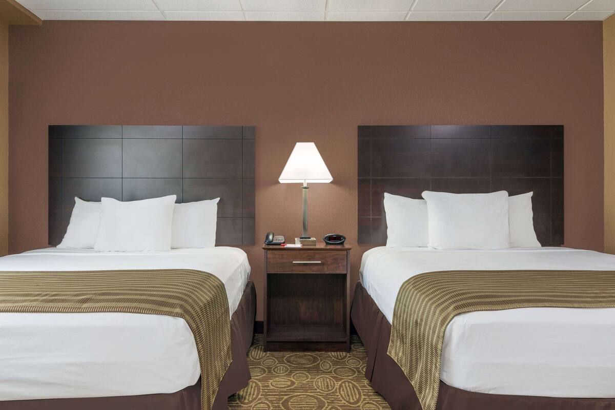 A hotel room with two beds, a nightstand, a lamp, and a patterned carpet.