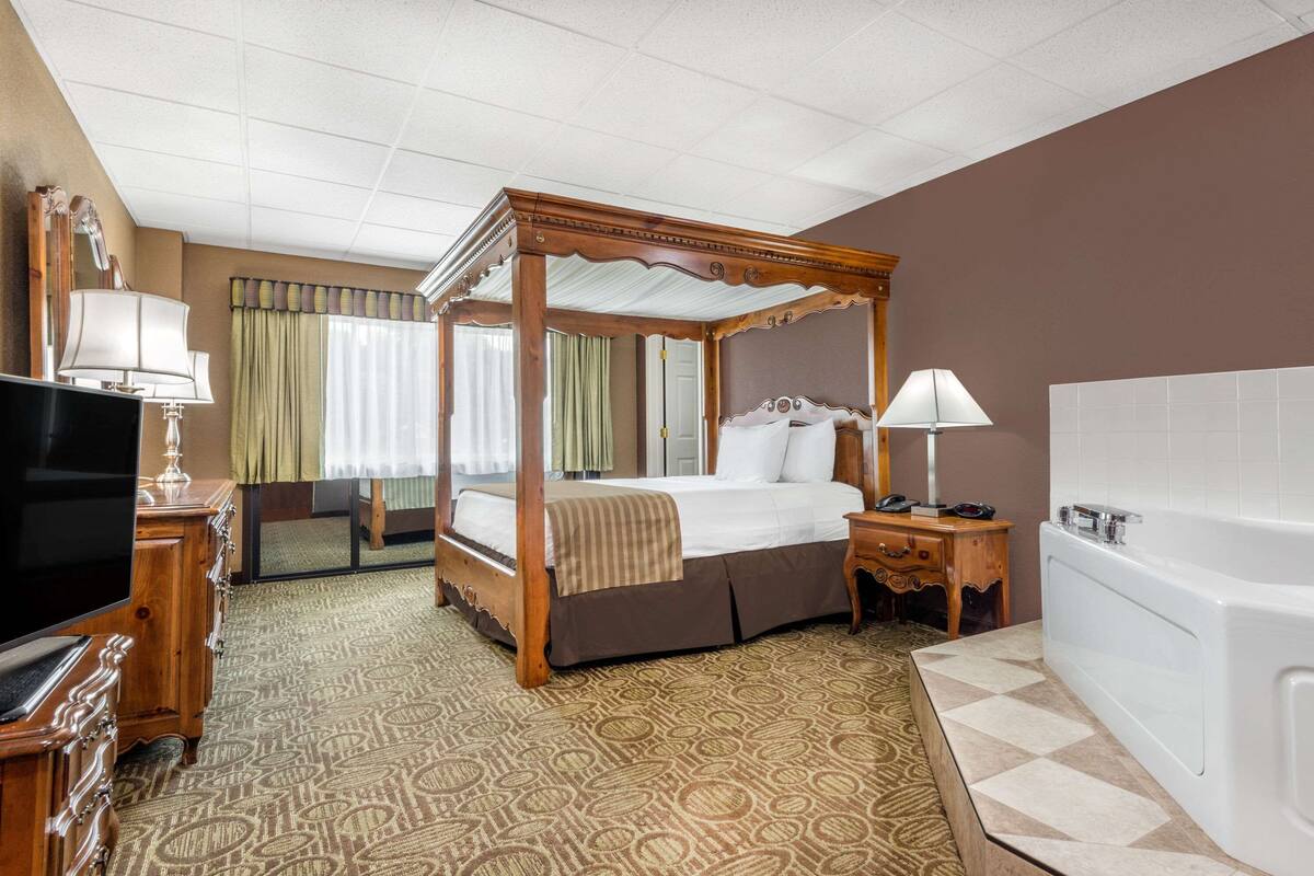 A four-poster bed with a canopy, a television, a bedside table with a lamp, a bathroom with a bathtub, and a carpeted floor.
