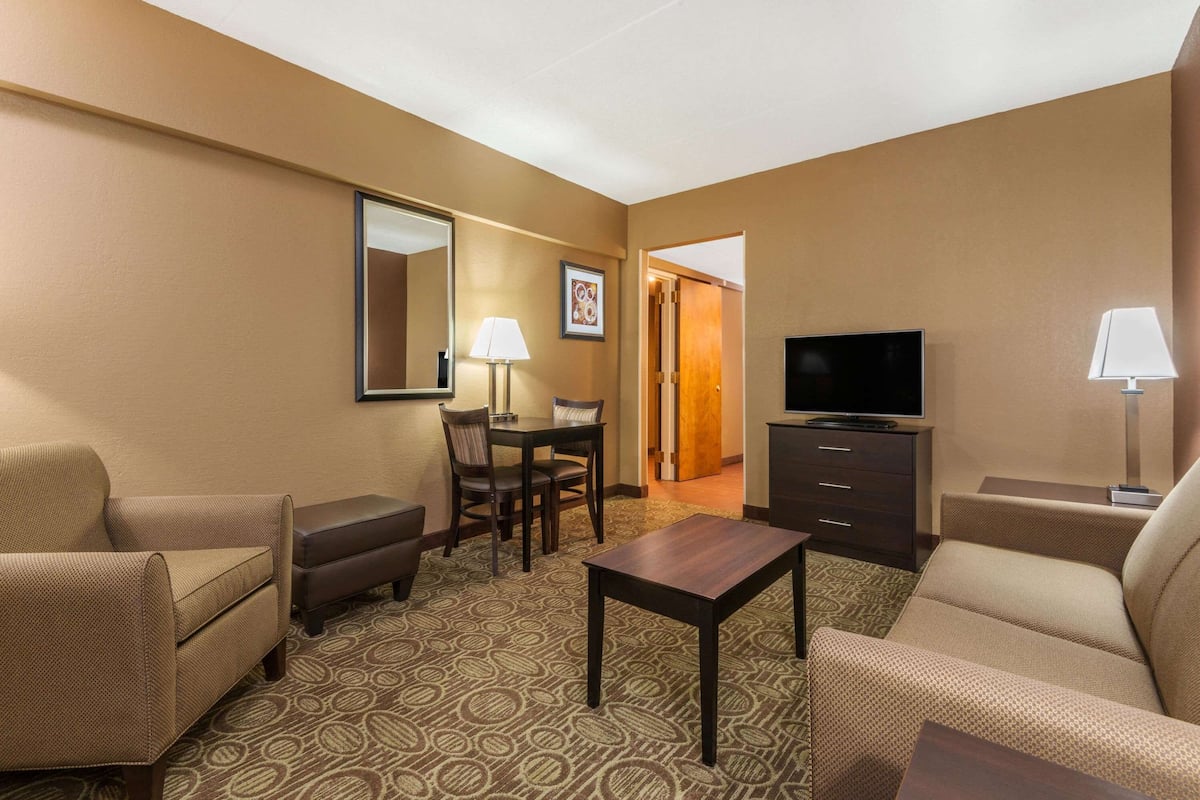A hotel room with a sofa, a small table, a TV, a lamp, a chair, and a carpeted floor.