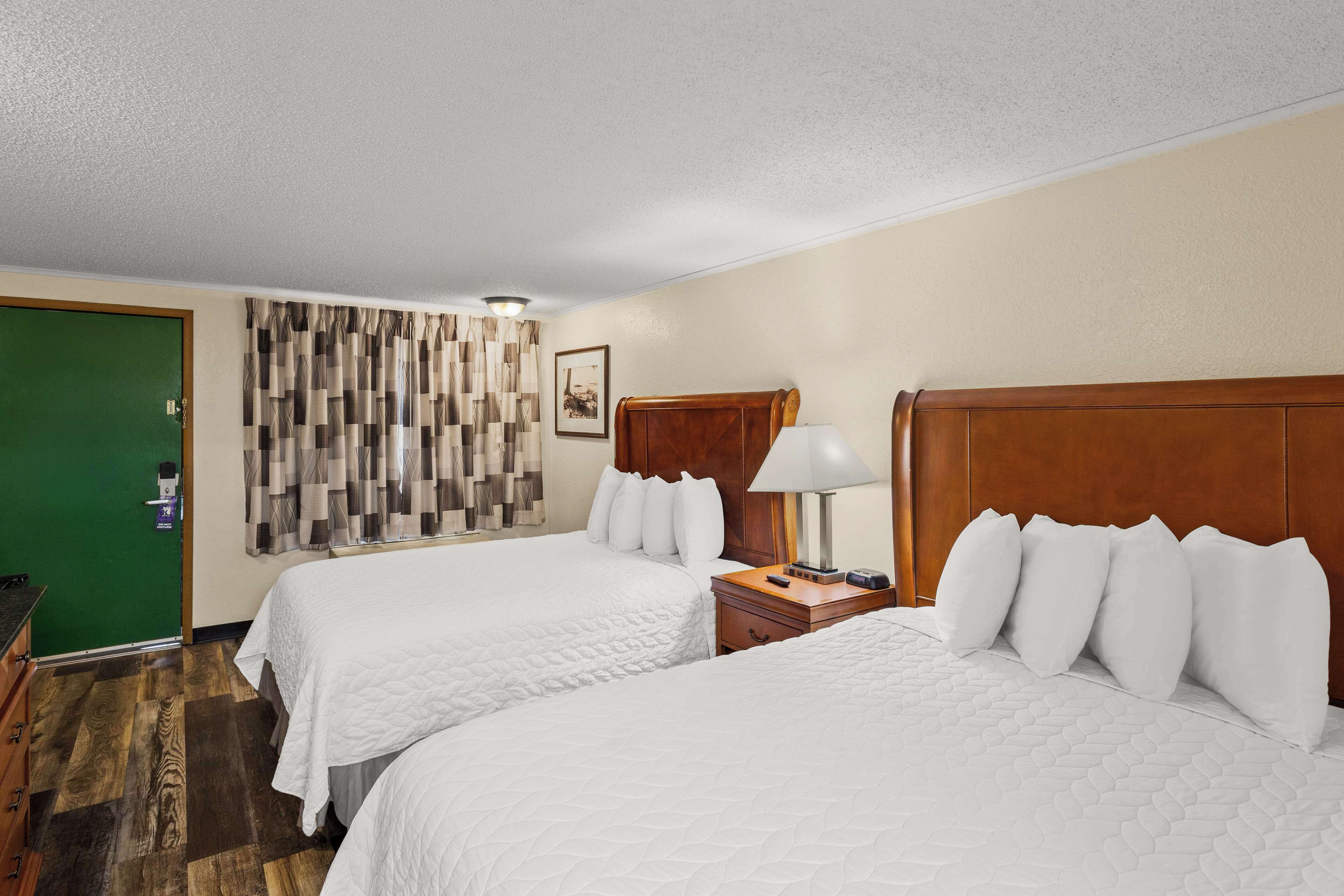 A hotel room with two beds, a green door, a patterned curtain, a wooden headboard, a bedside table with a lamp, and a framed picture on the wall.