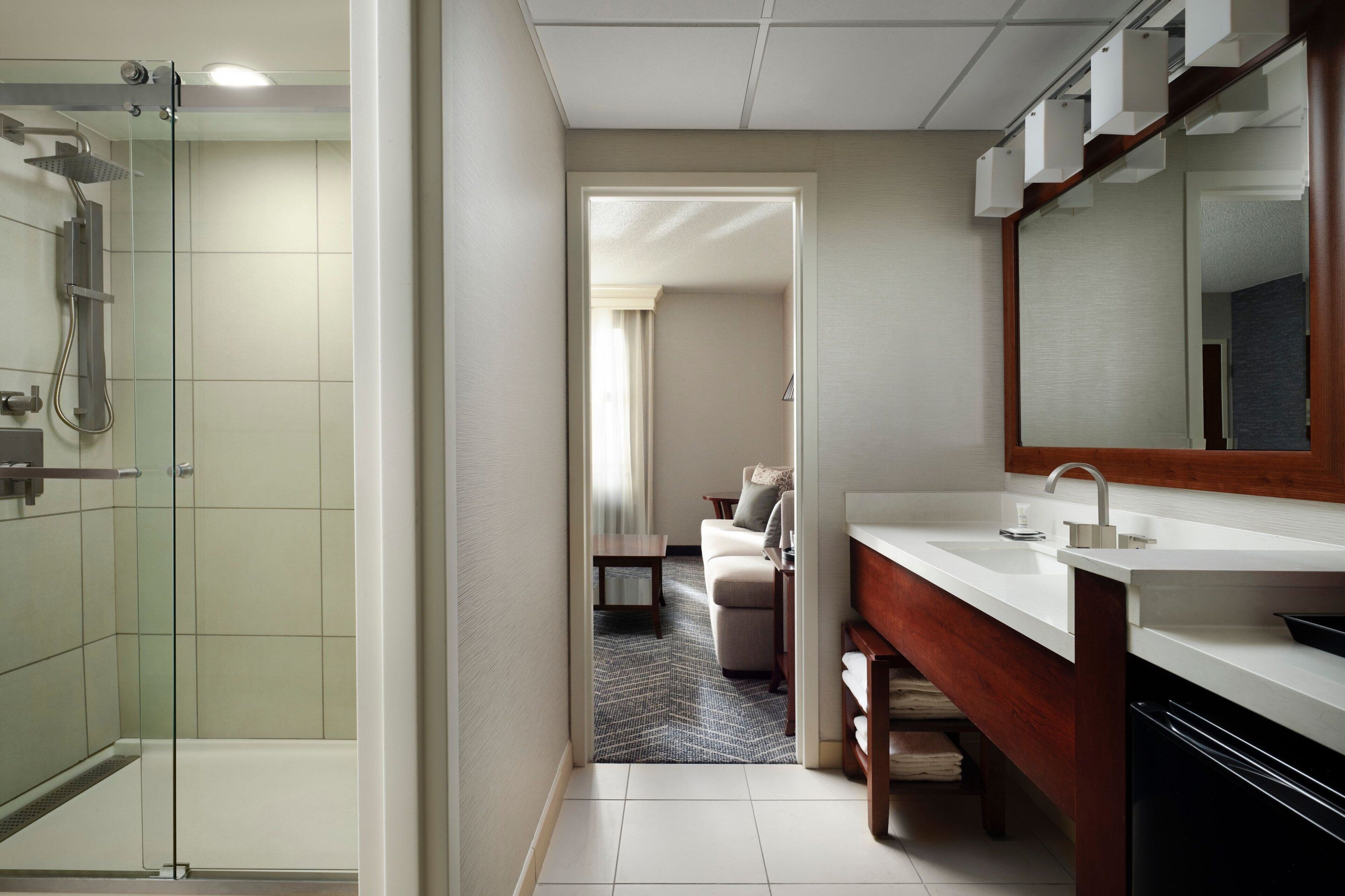 combined shower/bathtub, free toiletries, hair dryer, towels