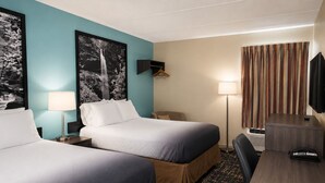 Habitación de hotel con dos camas, un escritorio, una silla, un televisor, una lámpara y un perchero.