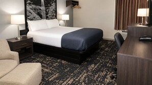 Habitación de hotel con cama, mesitas de noche, escritorio, silla y un televisor grande montado en la pared.