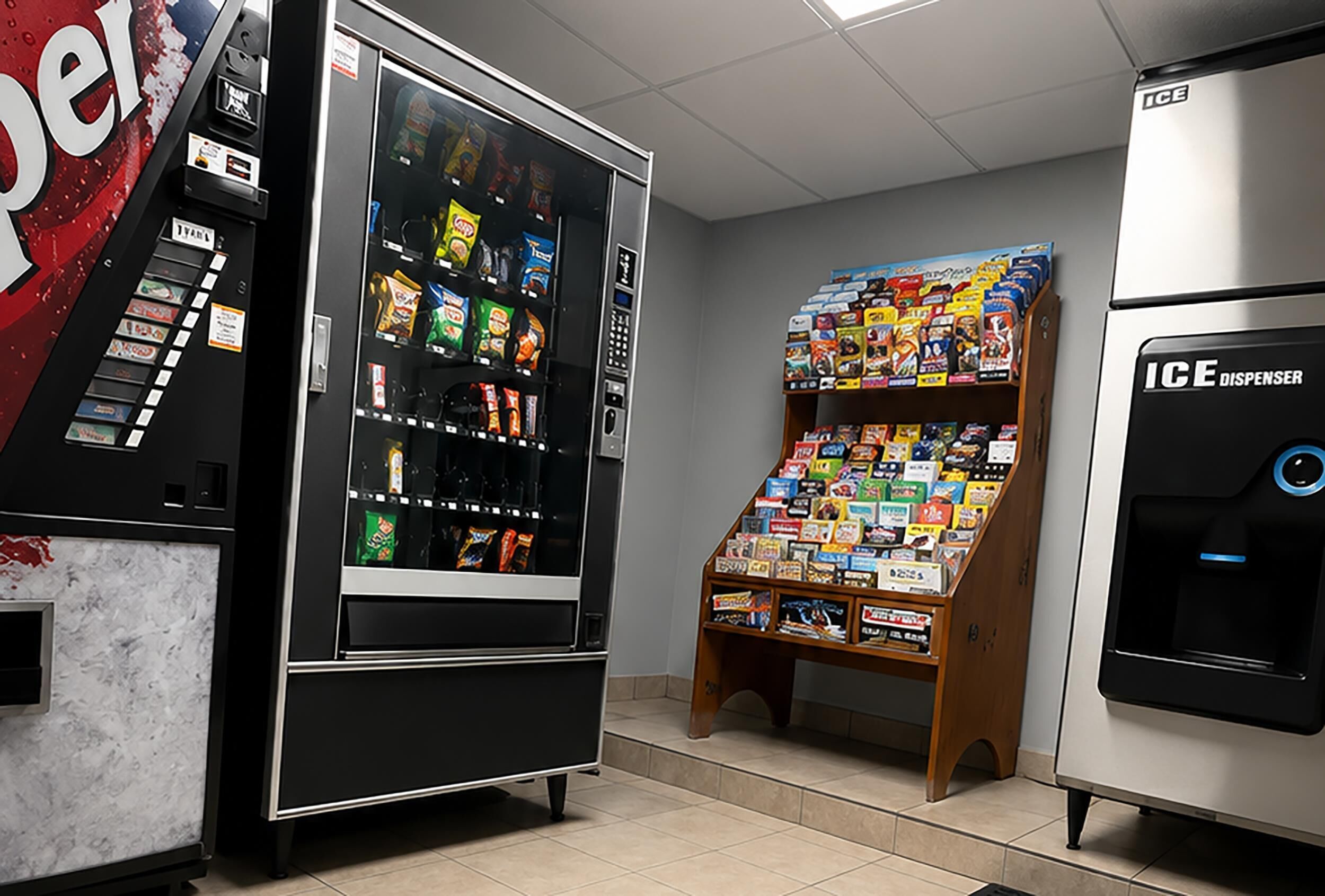 A vending machine area with a selection of snacks and a display of magazines.