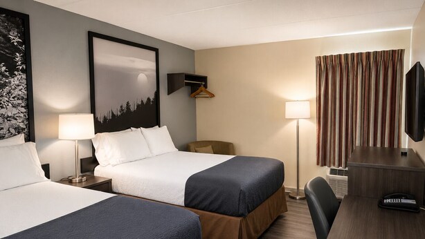 Habitación de hotel con dos camas, un escritorio, una silla, un televisor, una lámpara y un cuadro en la pared.