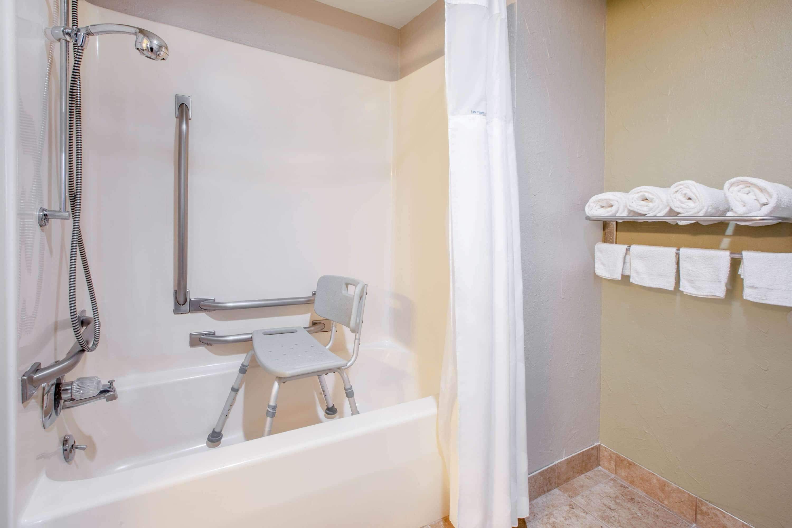 combined shower/bathtub, free toiletries, hair dryer, towels