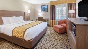 A hotel room with a large bed, a desk, a chair, a television, and a minibar.