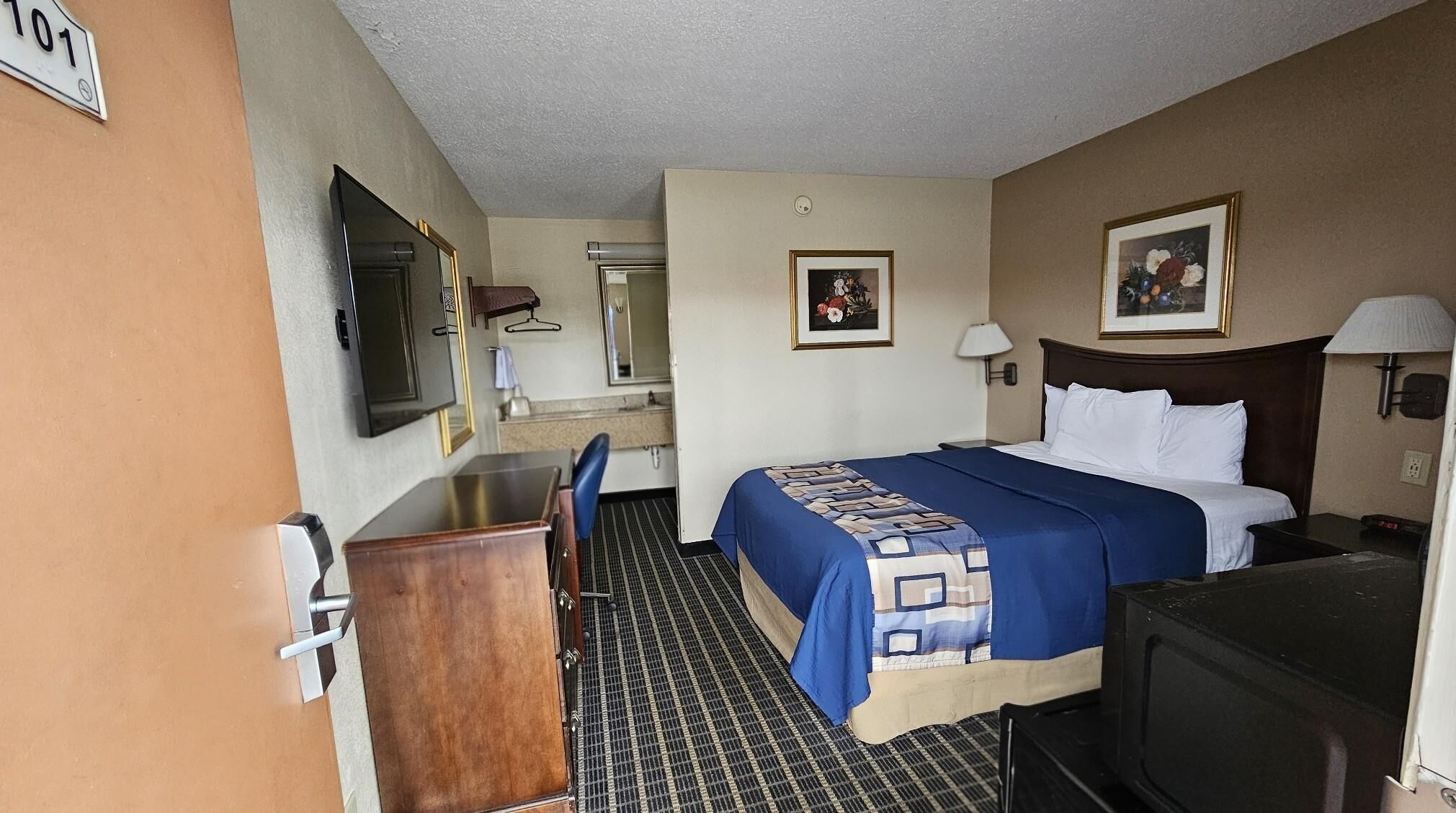 Habitación de hotel con cama, escritorio, silla, televisor, espejo y un cuadro en la pared.