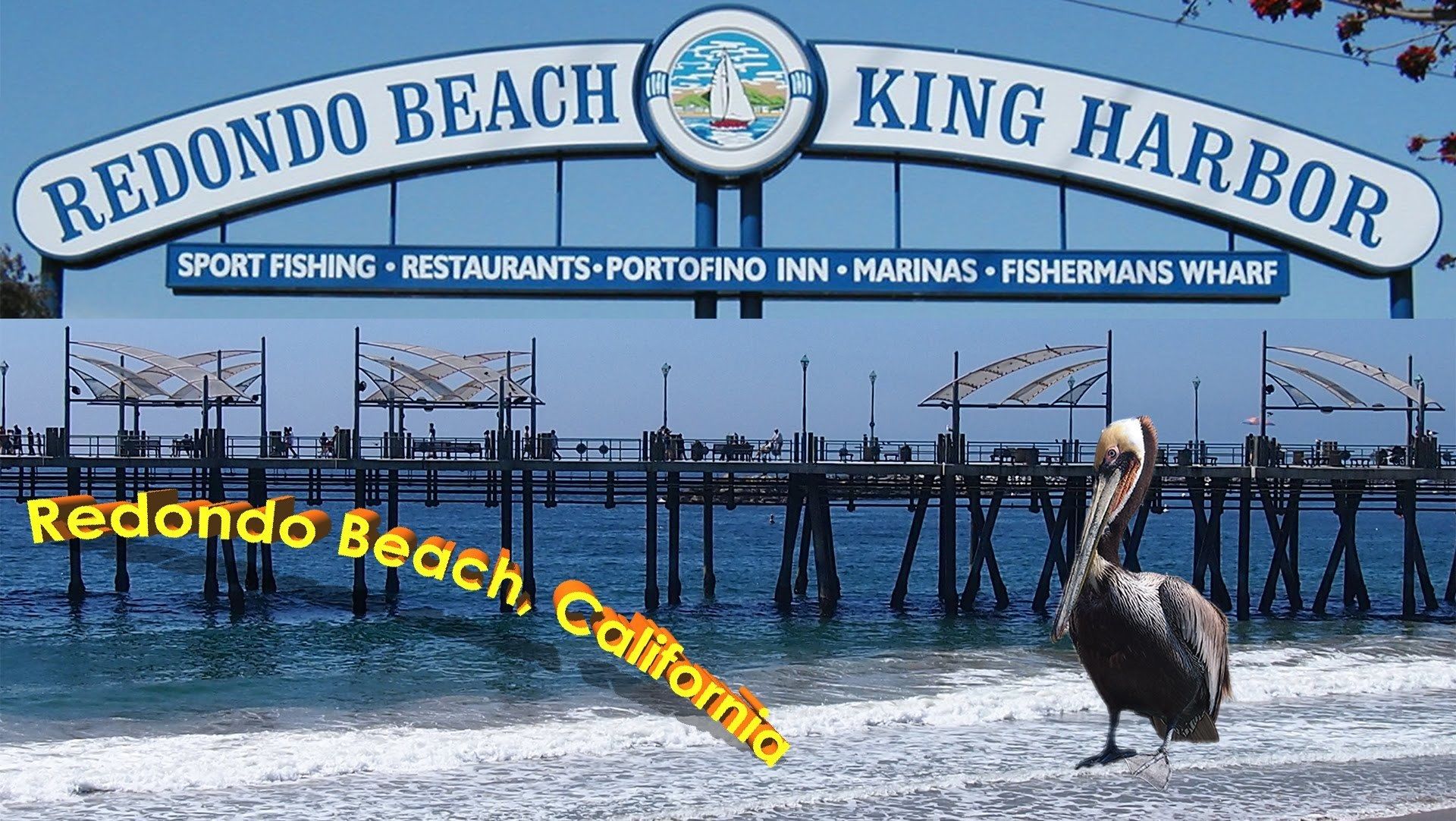 Redondo Beach, Californië, met een bordje voor Redondo Beach King Harbor, waarop voorzieningen staan vermeld zoals sportvissen, restaurants en jachthavens.