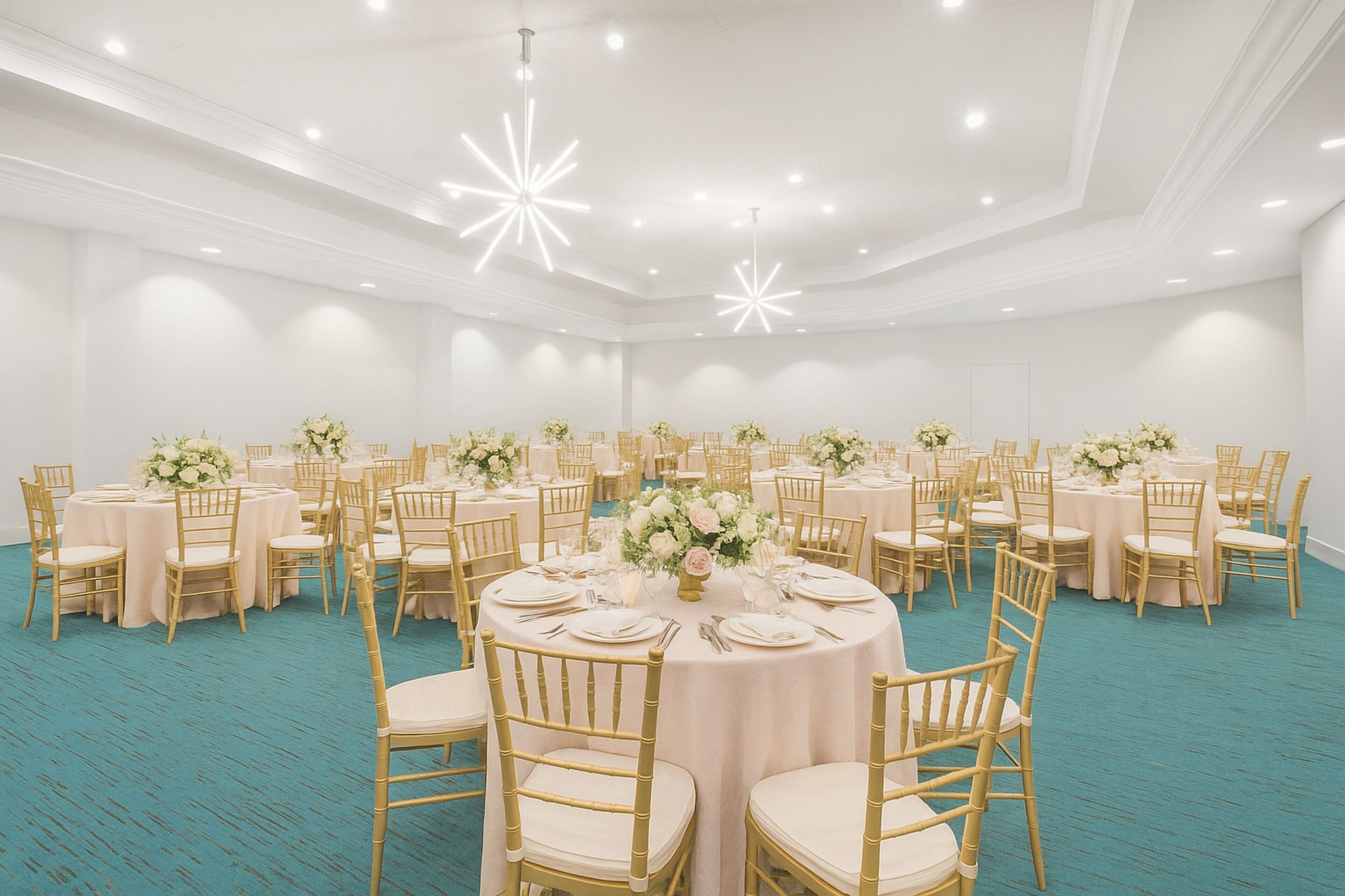 Une grande salle de banquet, bien éclairée, avec des tables rondes et des chaises dorées, disposées dans un espace vaste et aéré.