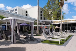 2 outdoor pools, open 8:00 AM to 11:00 PM, pool umbrellas, pool loungers
