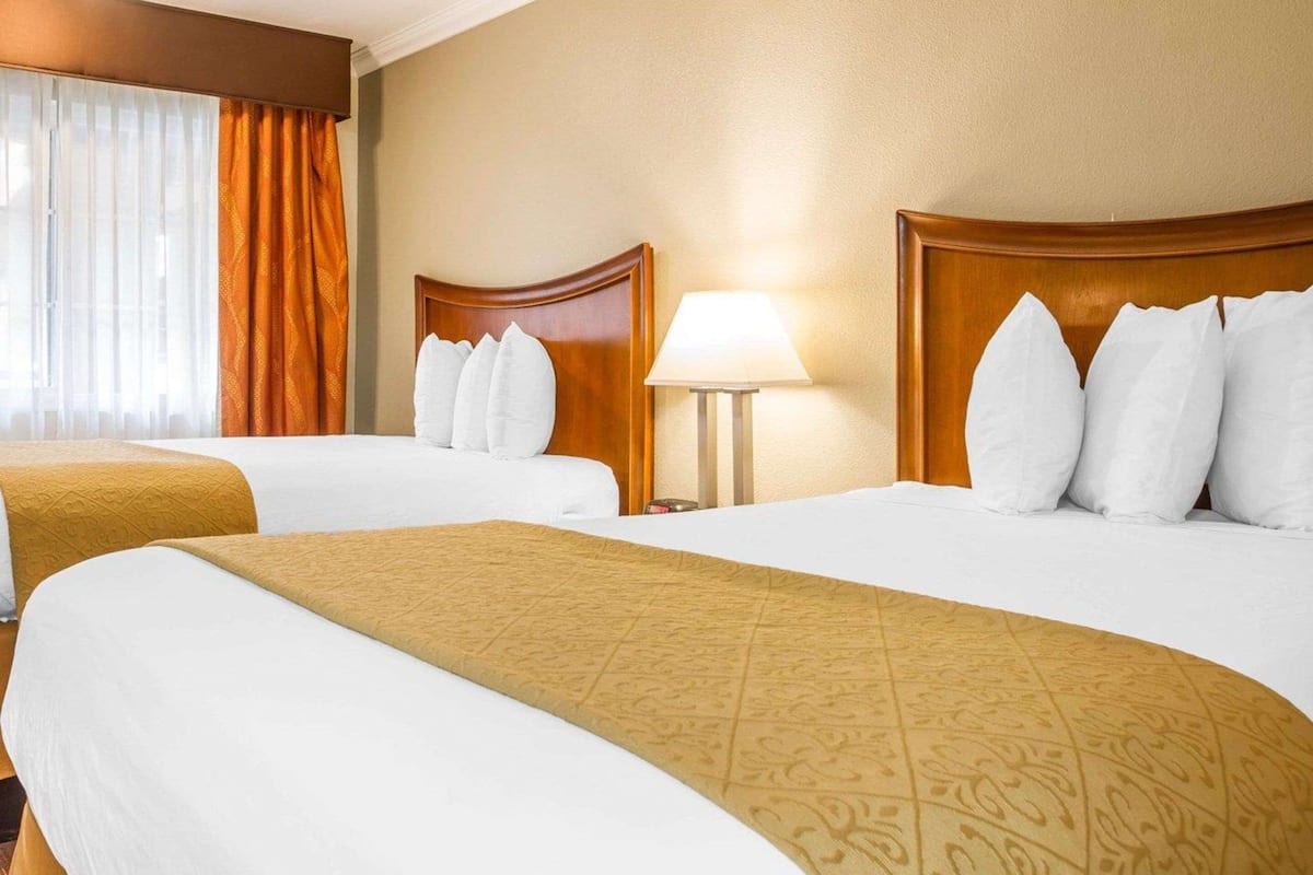 A hotel room with two beds, a nightstand with a lamp, and a window with curtains.