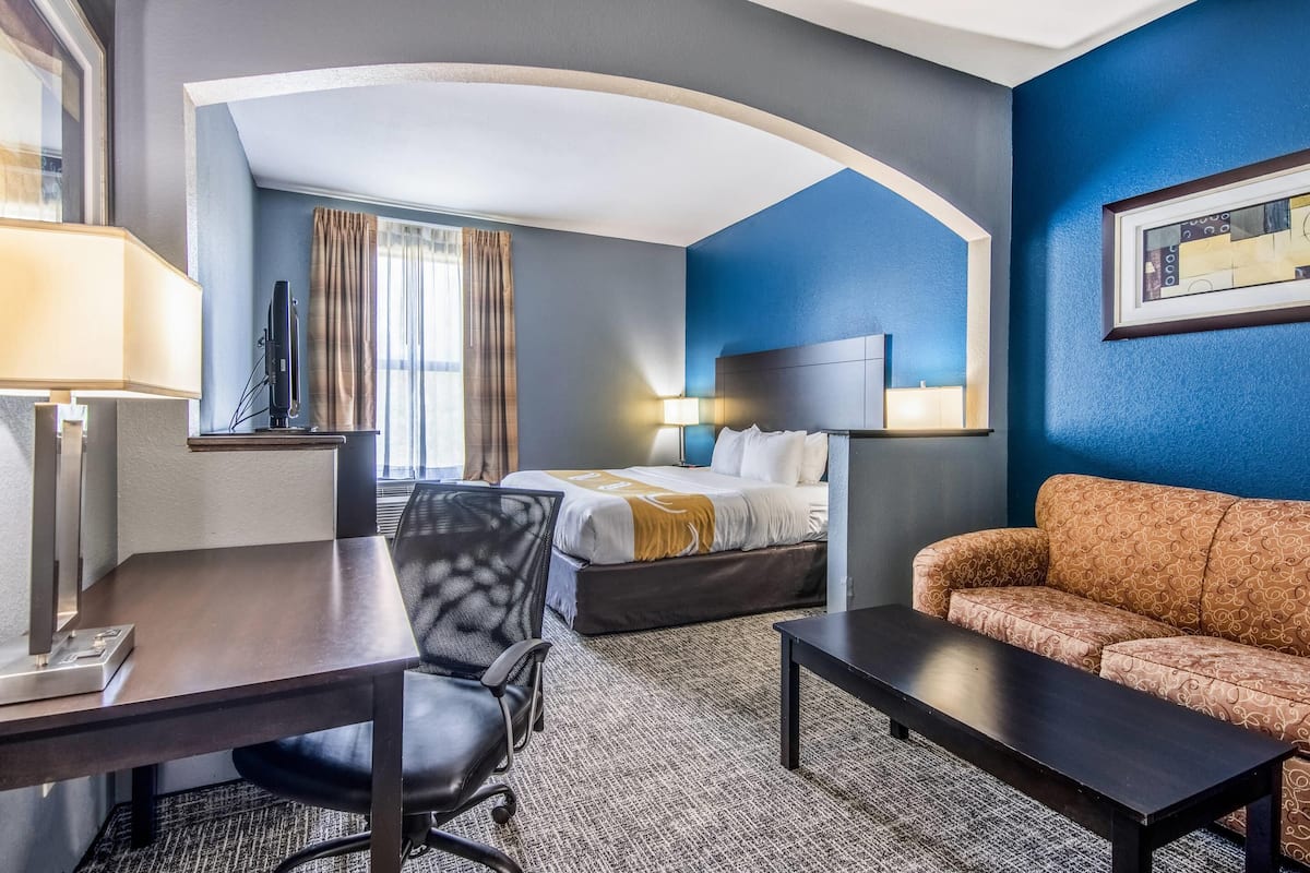 A hotel room with a bed, a sofa, a desk, and a chair.