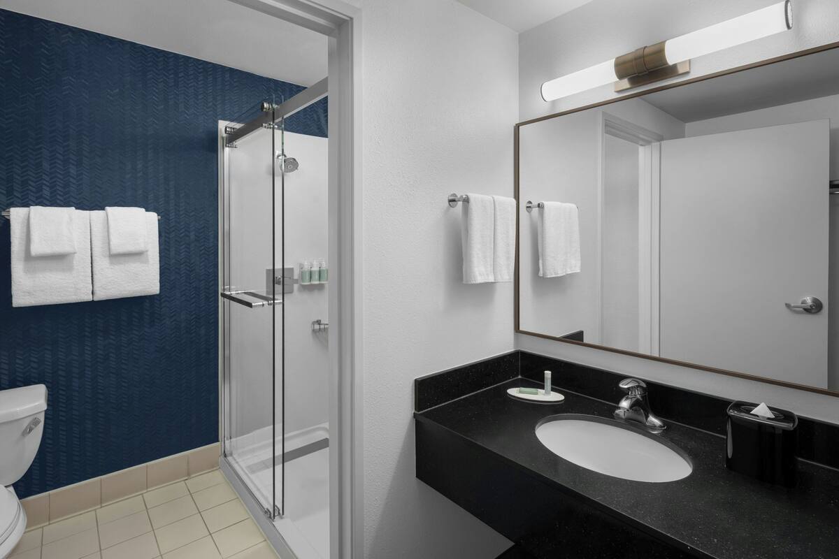 combined shower/bathtub, hair dryer, towels