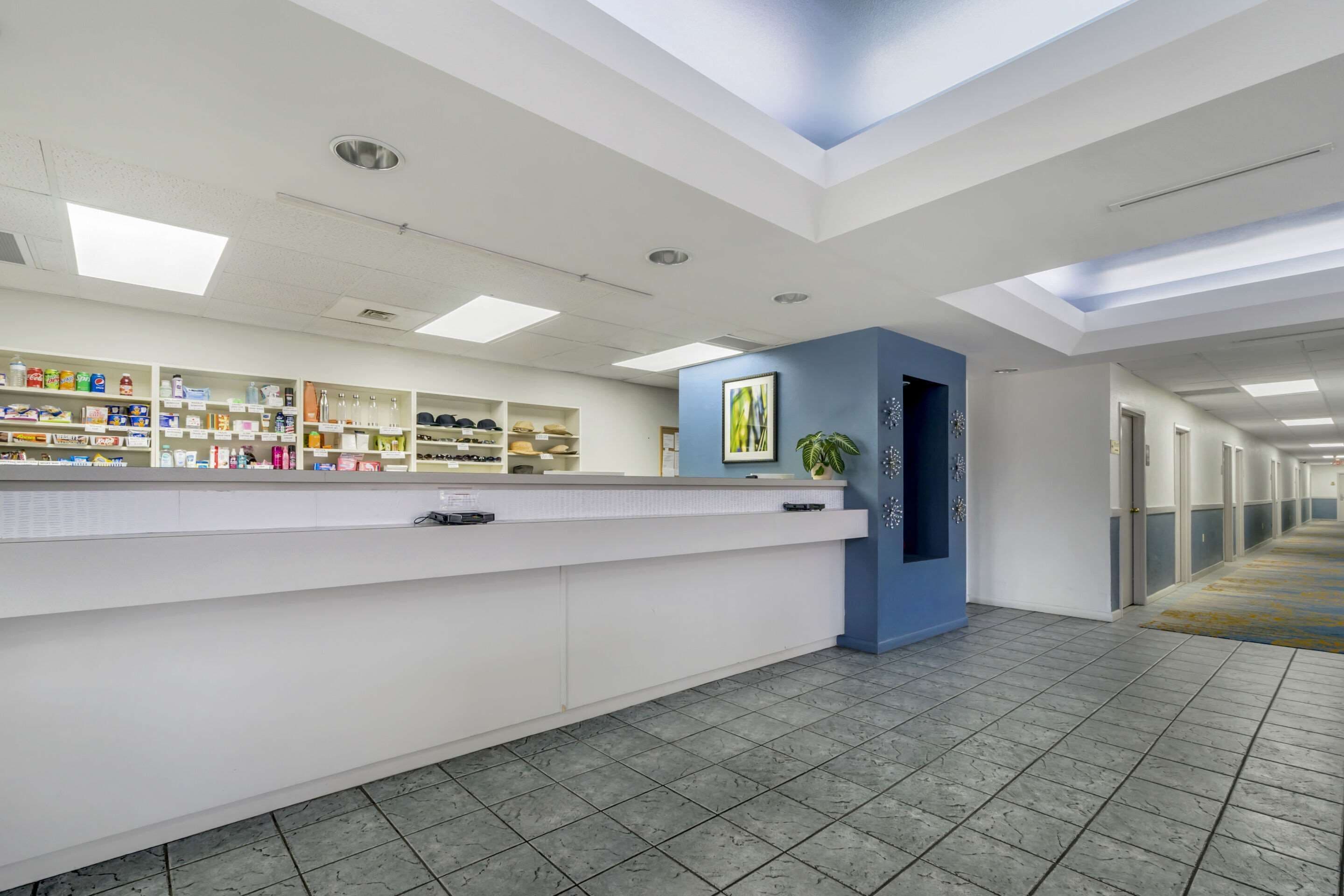 A reception area with a counter, shelves with various items, a blue accent wall, and a plant.
